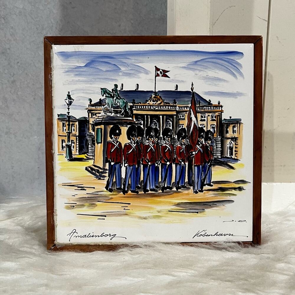 Vintage Hand Painted Denmark Ceramic Art Tile 1965 Amalienborg Copenhagen Framed
